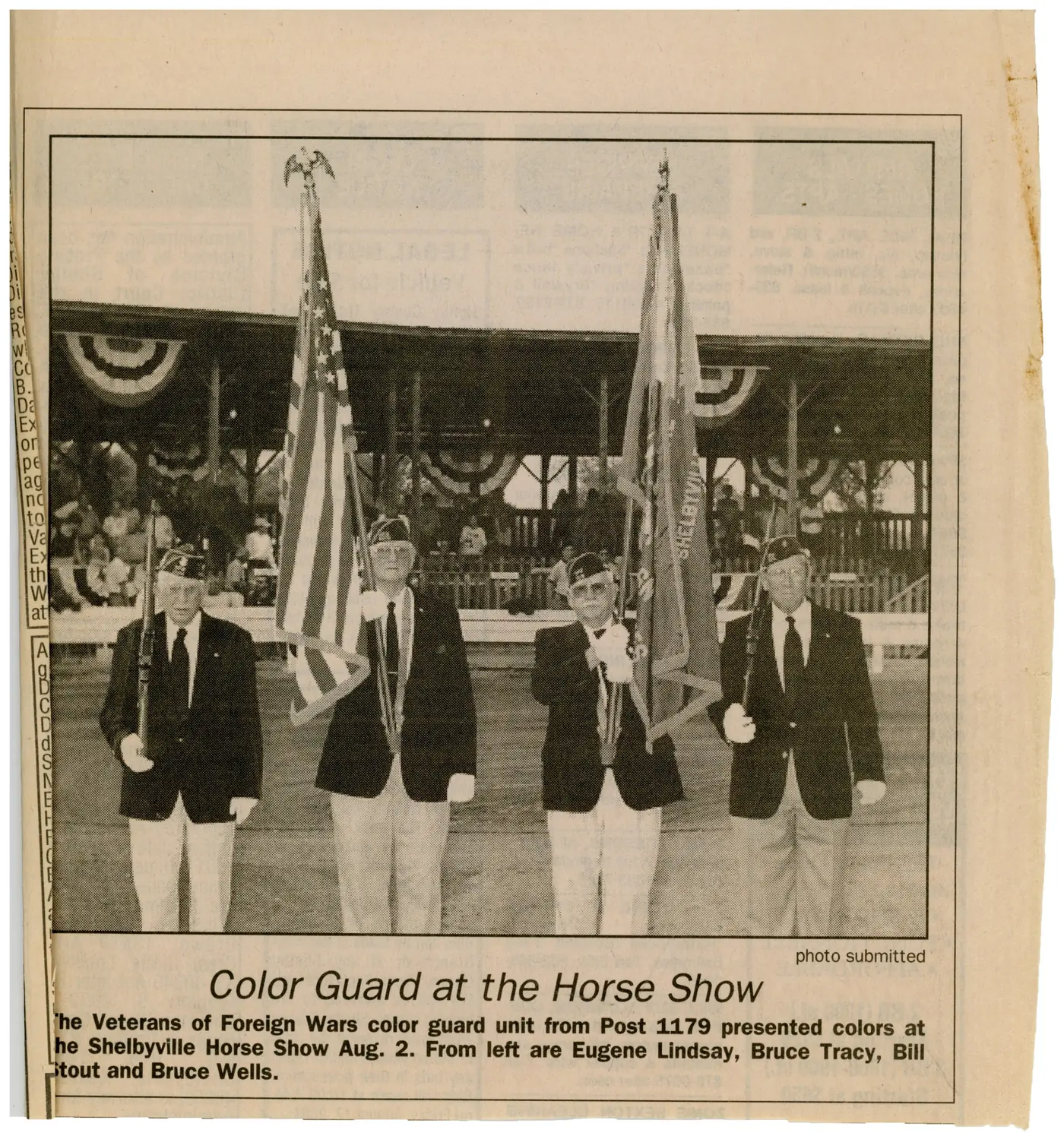 Newspaper photograph of a four-man VFW color guard presenting the colors at the Shelbyville Horse Show