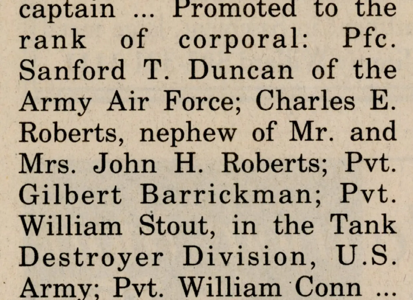 Newspaper clipping — the "Years Ago" column, trimmed to the promotions list naming Pvt. William Stout
