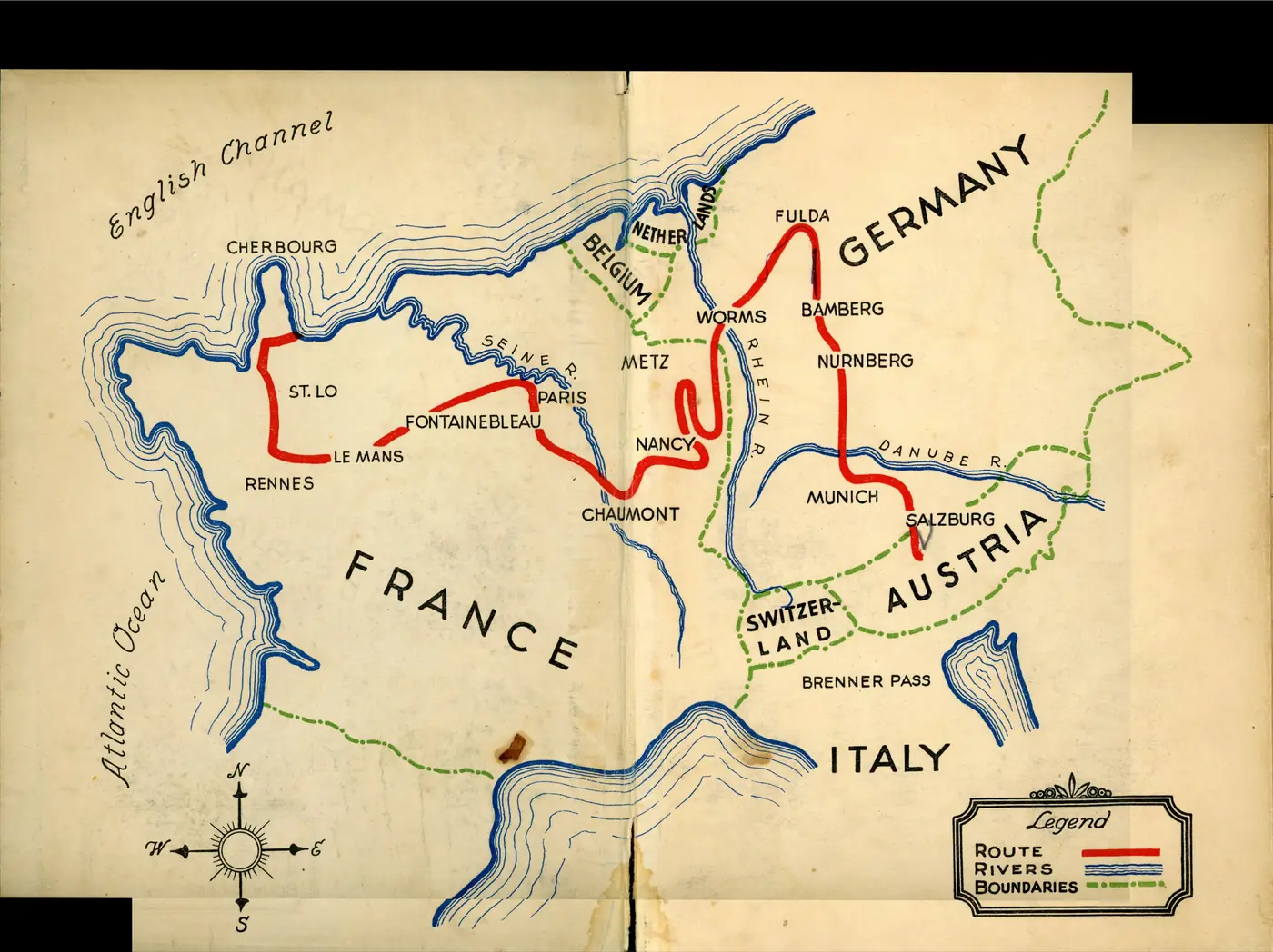Campaign route of the 106th Cavalry Group — from the English Channel across France and Germany into Austria