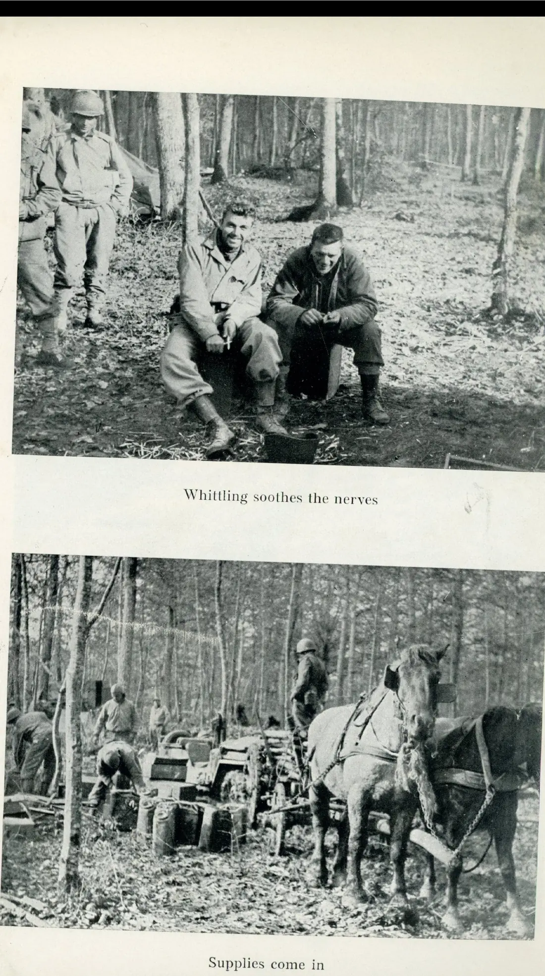 Two soldiers resting in the woods, one whittling a stick