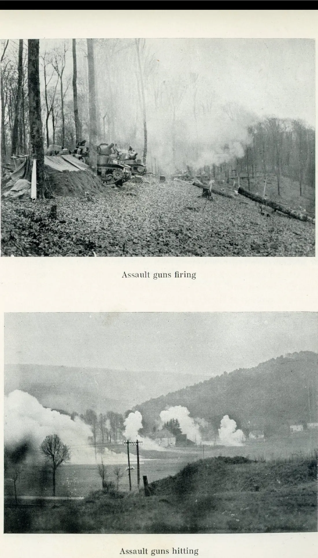 An assault gun (M8 howitzer motor carriage) firing, muzzle smoke in the air