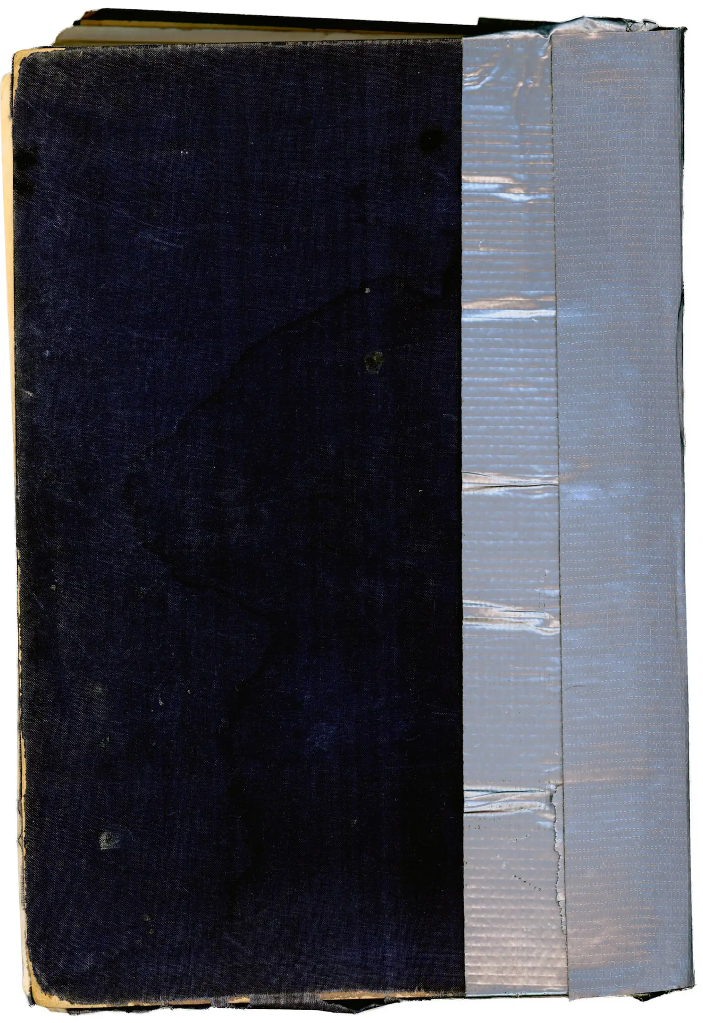 Back cover of the book — worn dark cloth binding, the spine repaired with silver duct tape